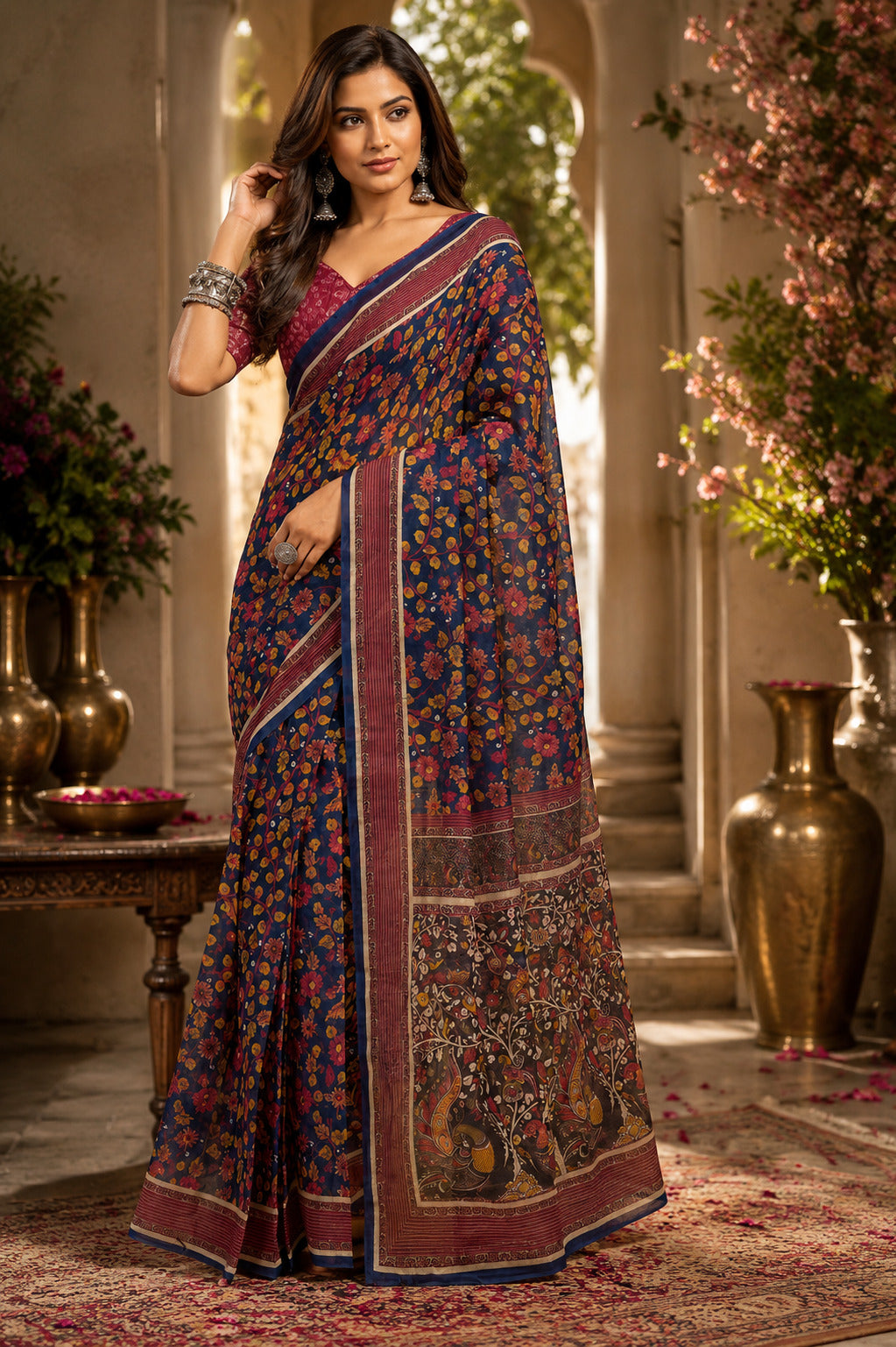 Dwija Fashion Teal Blue Party Wear Printed Linen Ready To Wear Saree With Unstitched Blouse | Grocsy