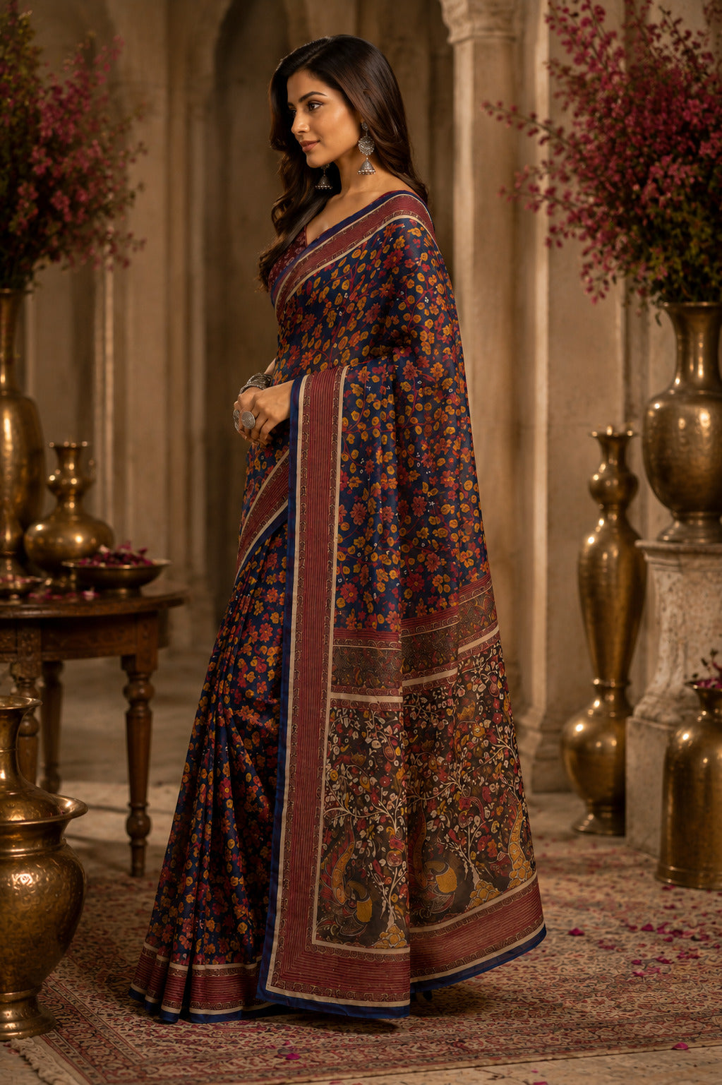 Dwija Fashion Teal Blue Party Wear Printed Linen Ready To Wear Saree With Unstitched Blouse | Grocsy