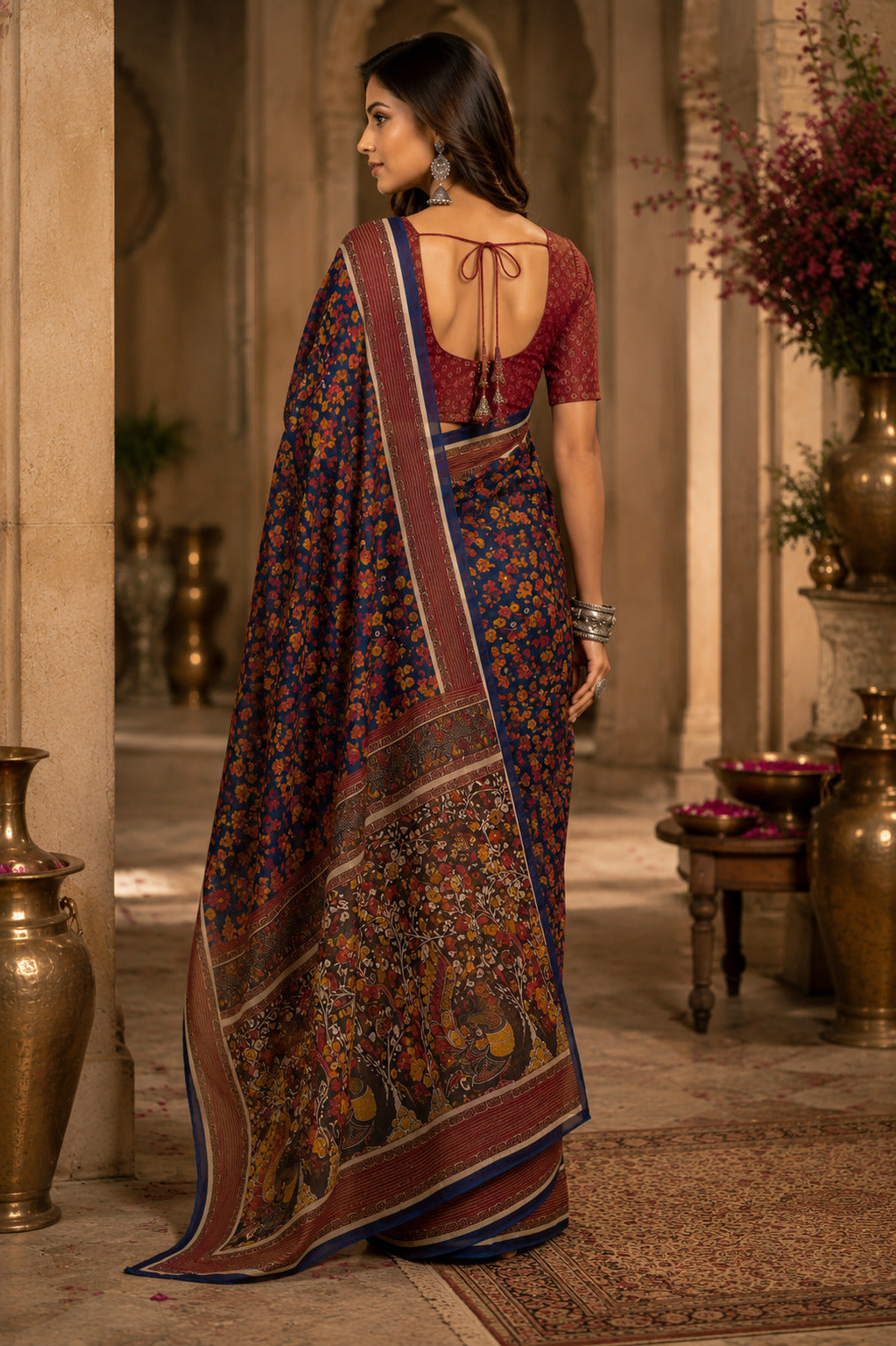 Dwija Fashion Teal Blue Party Wear Printed Linen Ready To Wear Saree With Unstitched Blouse | Grocsy