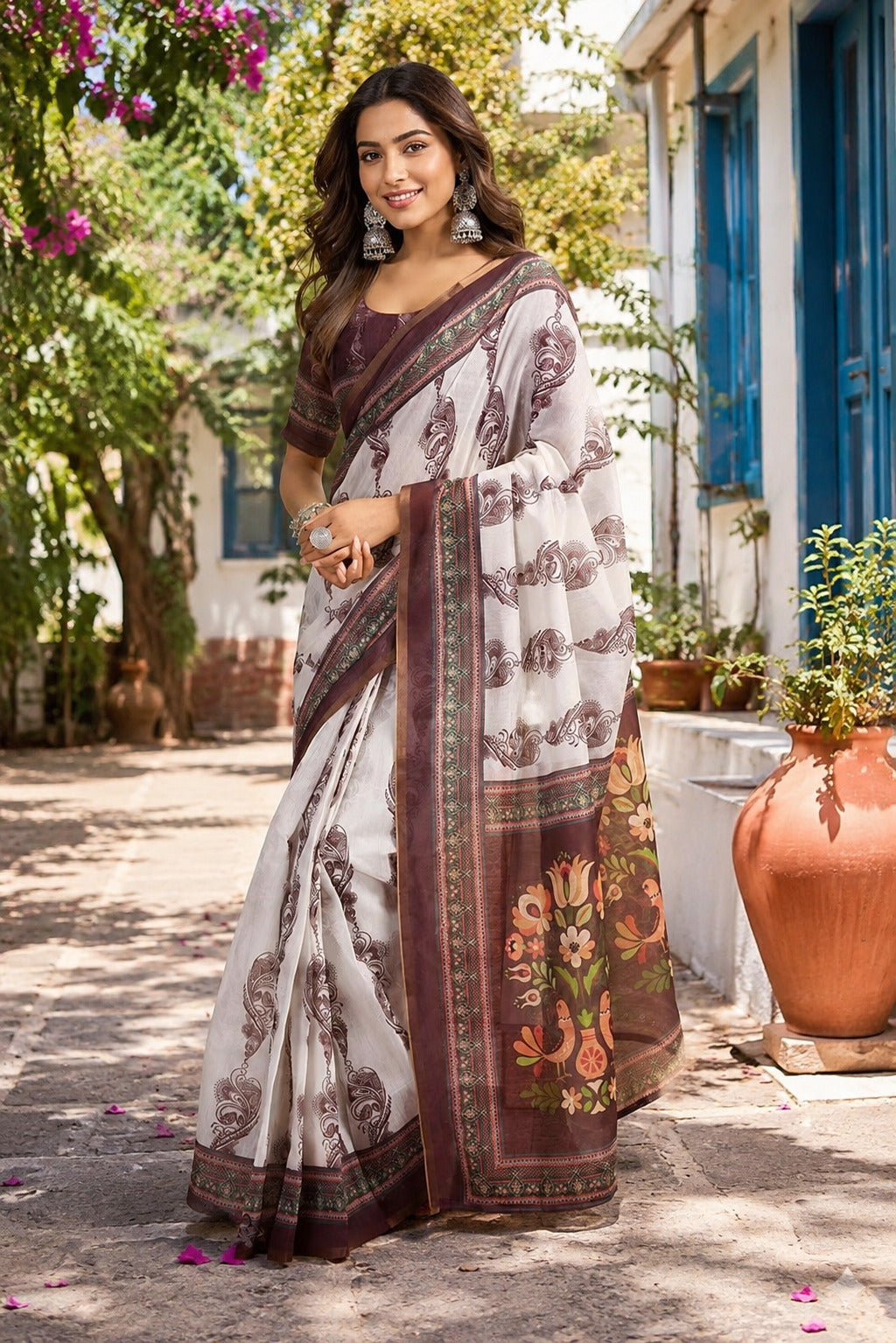 Dwija Fashion White Party Wear Printed Linen Ready To Wear Saree With Unstitched Blouse | Grocsy