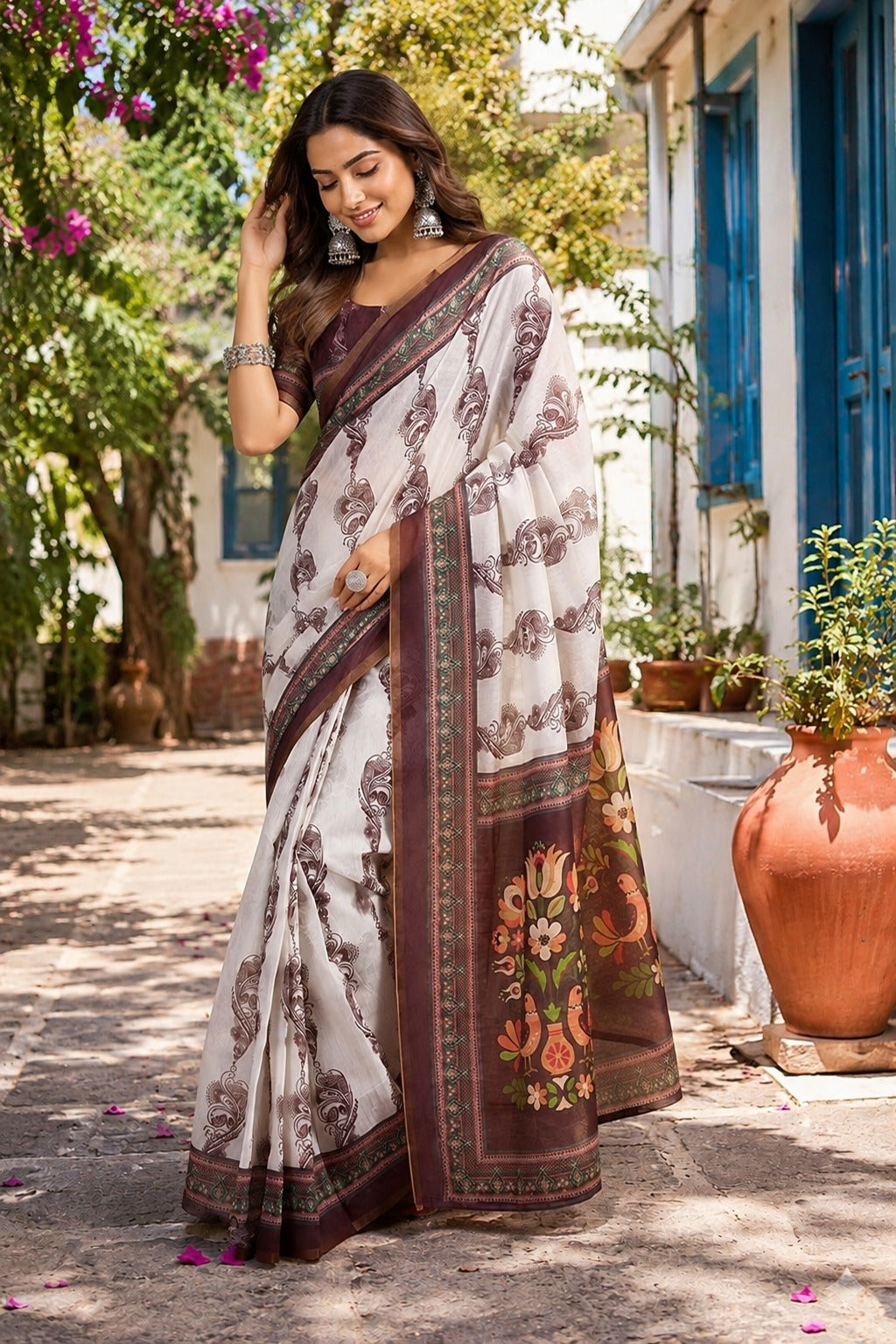 Dwija Fashion White Party Wear Printed Linen Ready To Wear Saree With Unstitched Blouse | Grocsy
