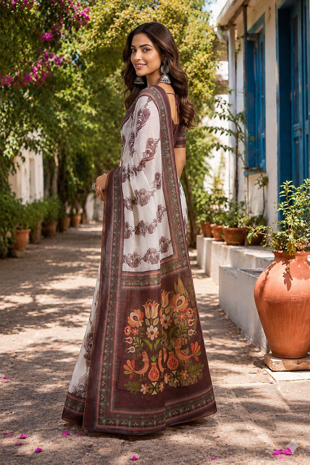 Dwija Fashion White Party Wear Printed Linen Ready To Wear Saree With Unstitched Blouse | Grocsy