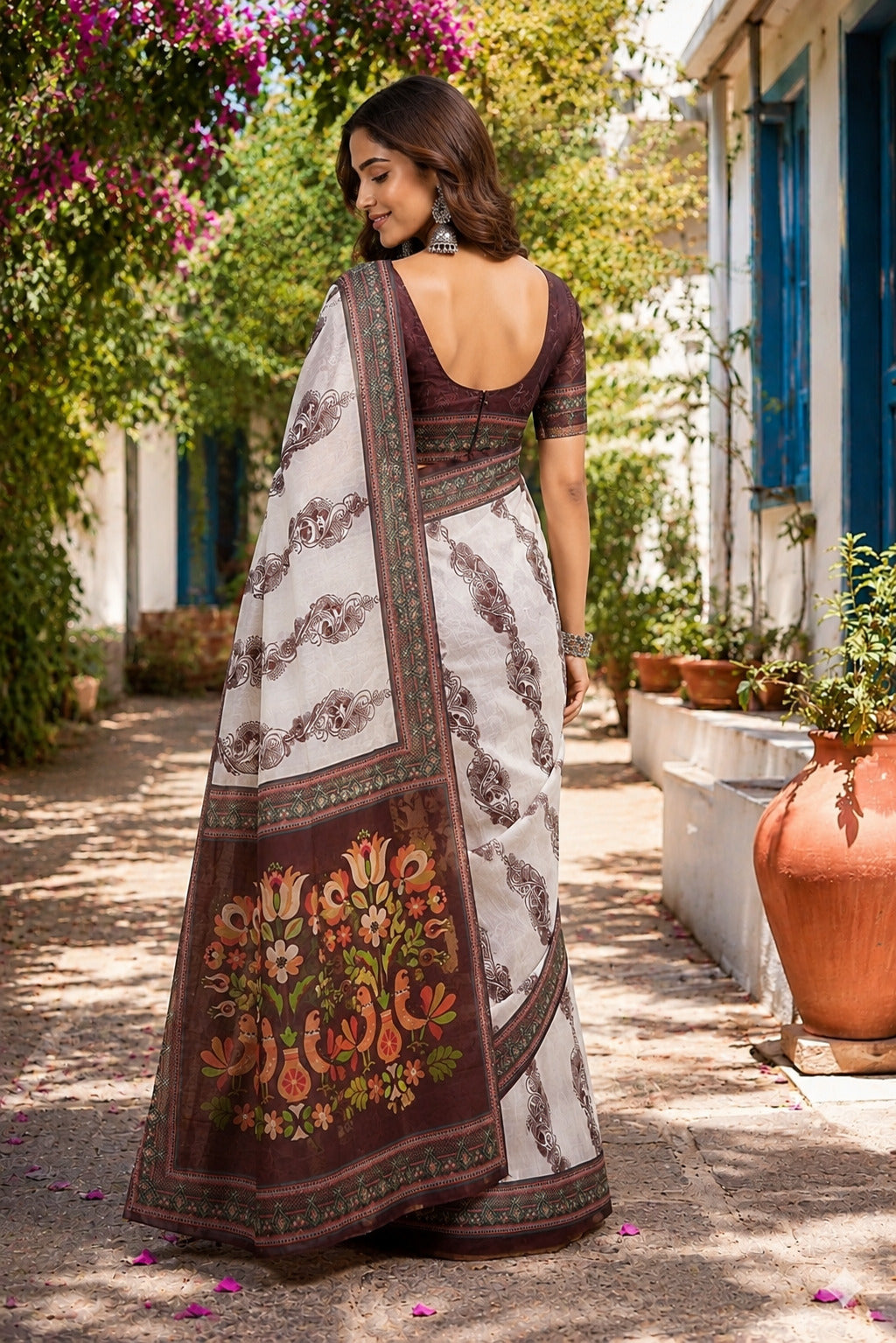 Dwija Fashion White Party Wear Printed Linen Ready To Wear Saree With Unstitched Blouse | Grocsy