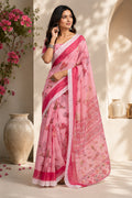 Dwija Fashion Pink Party Wear Printed Linen Ready To Wear Saree With Unstitched Blouse | Grocsy