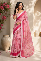 Dwija Fashion Pink Party Wear Printed Linen Ready To Wear Saree With Unstitched Blouse | Grocsy