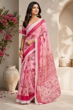 Dwija Fashion Pink Party Wear Printed Linen Ready To Wear Saree With Unstitched Blouse | Grocsy