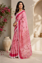 Dwija Fashion Pink Party Wear Printed Linen Ready To Wear Saree With Unstitched Blouse | Grocsy