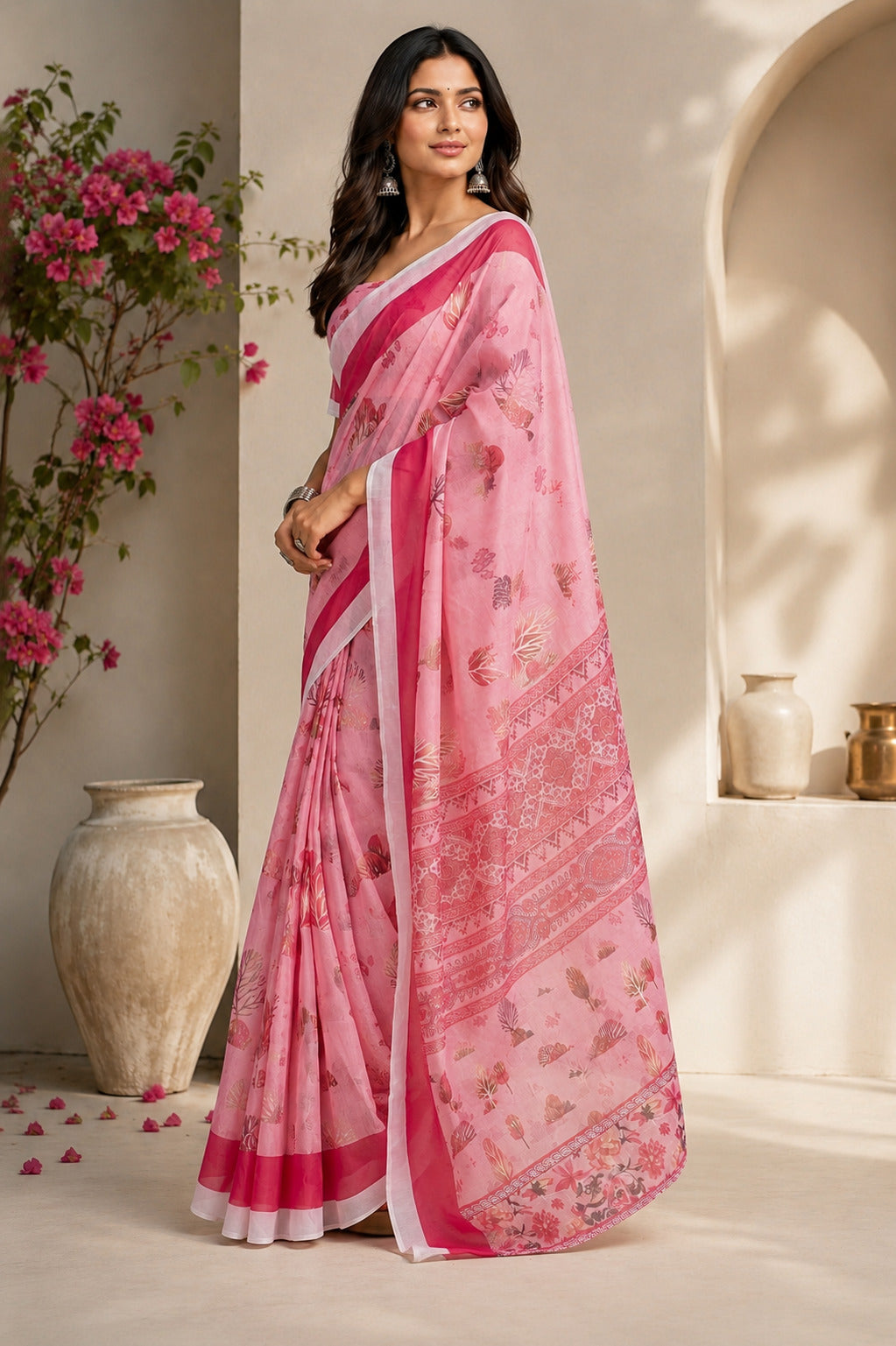 Dwija Fashion Pink Party Wear Printed Linen Ready To Wear Saree With Unstitched Blouse | Grocsy