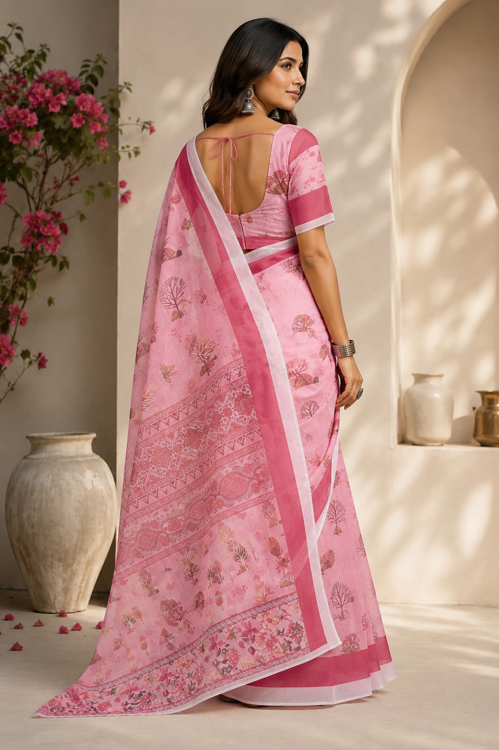 Dwija Fashion Pink Party Wear Printed Linen Ready To Wear Saree With Unstitched Blouse | Grocsy