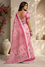 Dwija Fashion Pink Party Wear Printed Linen Ready To Wear Saree With Unstitched Blouse | Grocsy