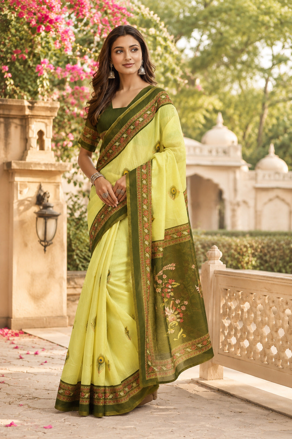 Dwija Fashion Mint Green Party Wear Printed Linen Ready To Wear Saree With Unstitched Blouse | Grocsy