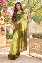 Dwija Fashion Mint Green Party Wear Printed Linen Ready To Wear Saree With Unstitched Blouse | Grocsy