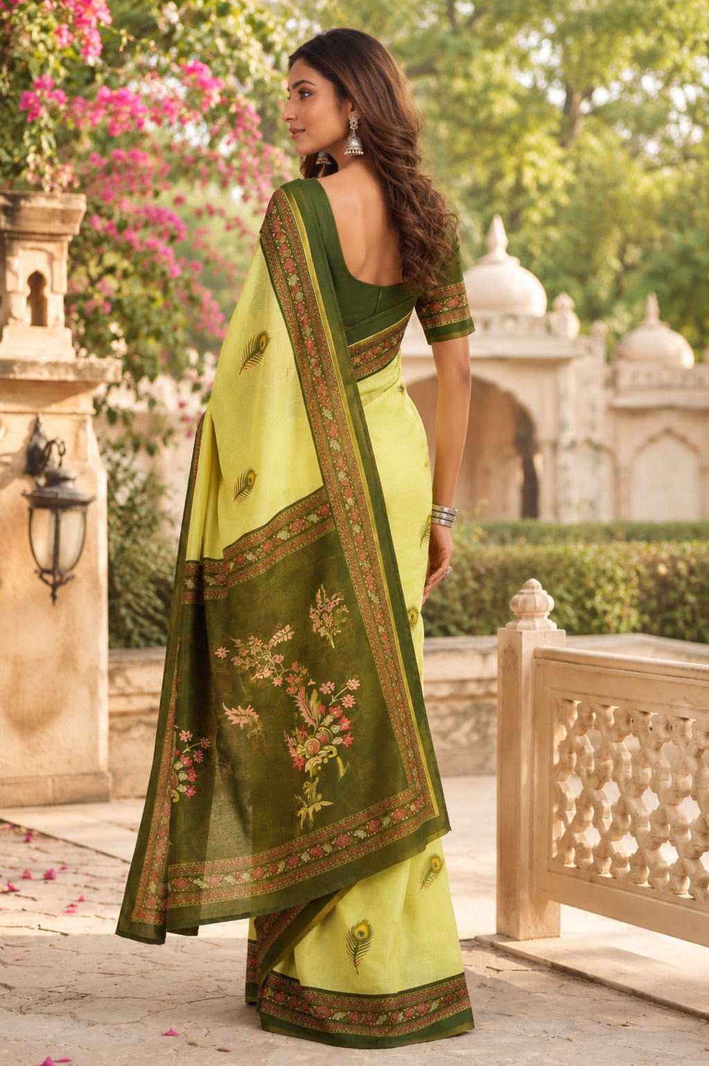 Dwija Fashion Mint Green Party Wear Printed Linen Ready To Wear Saree With Unstitched Blouse | Grocsy