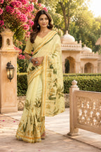 Dwija Fashion Yellow Party Wear Printed Linen Ready To Wear Saree With Unstitched Blouse | Grocsy