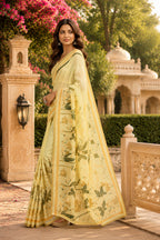 Dwija Fashion Yellow Party Wear Printed Linen Ready To Wear Saree With Unstitched Blouse | Grocsy