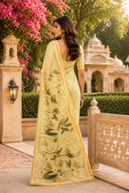 Dwija Fashion Yellow Party Wear Printed Linen Ready To Wear Saree With Unstitched Blouse | Grocsy