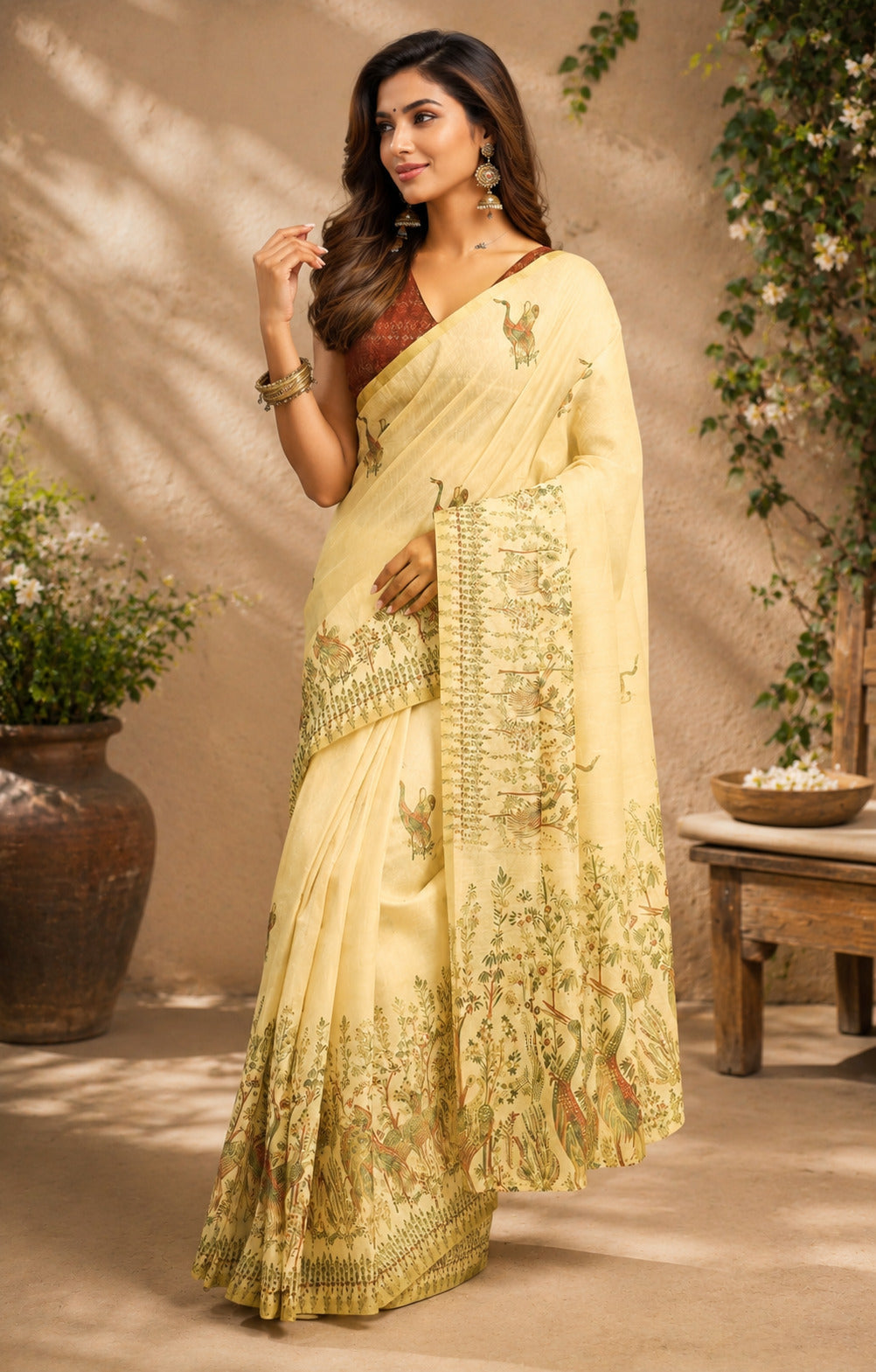 Dwija Fashion Lemon Yellow Party Wear Printed Linen Ready To Wear Saree With Unstitched Blouse | Grocsy
