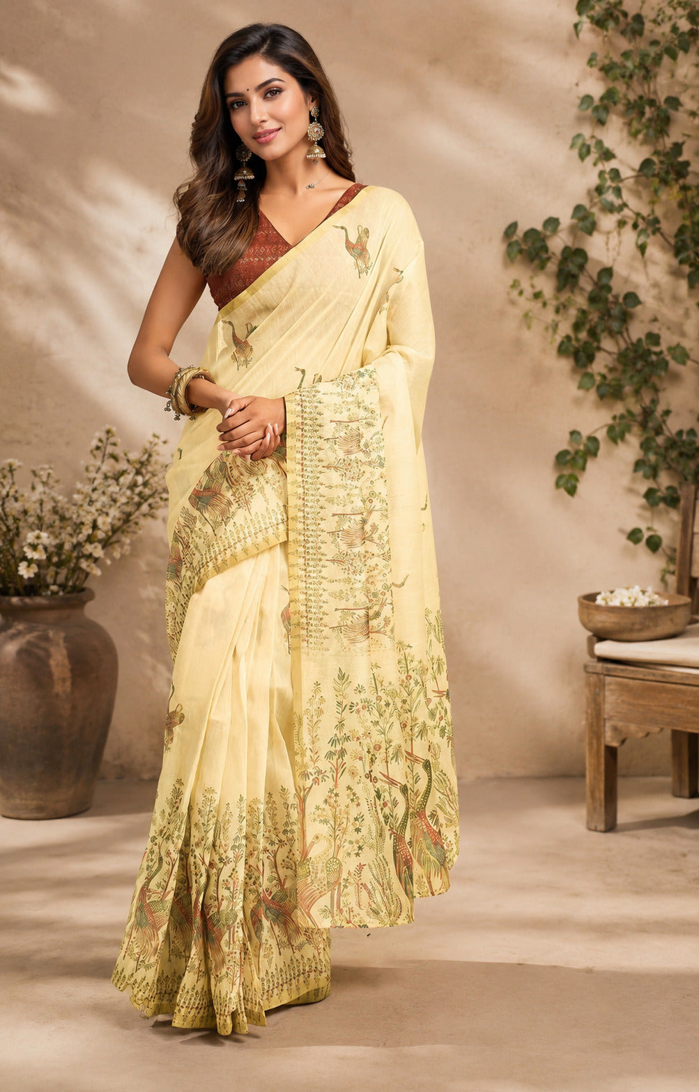 Dwija Fashion Lemon Yellow Party Wear Printed Linen Ready To Wear Saree With Unstitched Blouse | Grocsy
