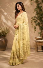 Dwija Fashion Lemon Yellow Party Wear Printed Linen Ready To Wear Saree With Unstitched Blouse | Grocsy