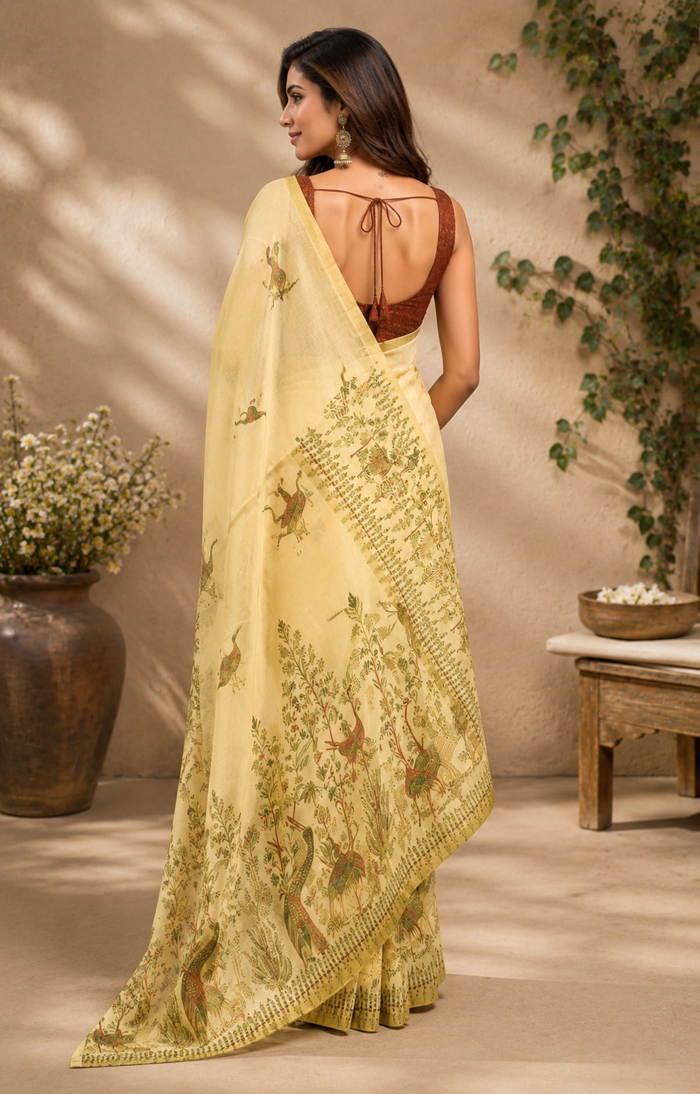 Dwija Fashion Lemon Yellow Party Wear Printed Linen Ready To Wear Saree With Unstitched Blouse | Grocsy