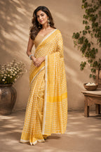 Dwija Fashion Yellow Party Wear Printed Linen Ready To Wear Saree With Unstitched Blouse | Grocsy