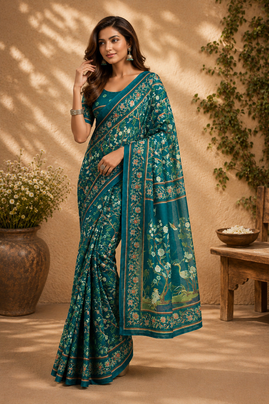Dwija Fashion Teal Blue Party Wear Printed Linen Ready To Wear Saree With Unstitched Blouse | Grocsy