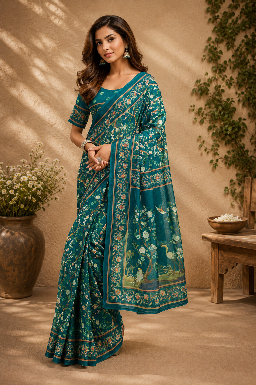 Dwija Fashion Teal Blue Party Wear Printed Linen Ready To Wear Saree With Unstitched Blouse | Grocsy