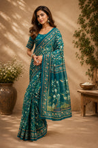 Dwija Fashion Teal Blue Party Wear Printed Linen Ready To Wear Saree With Unstitched Blouse | Grocsy