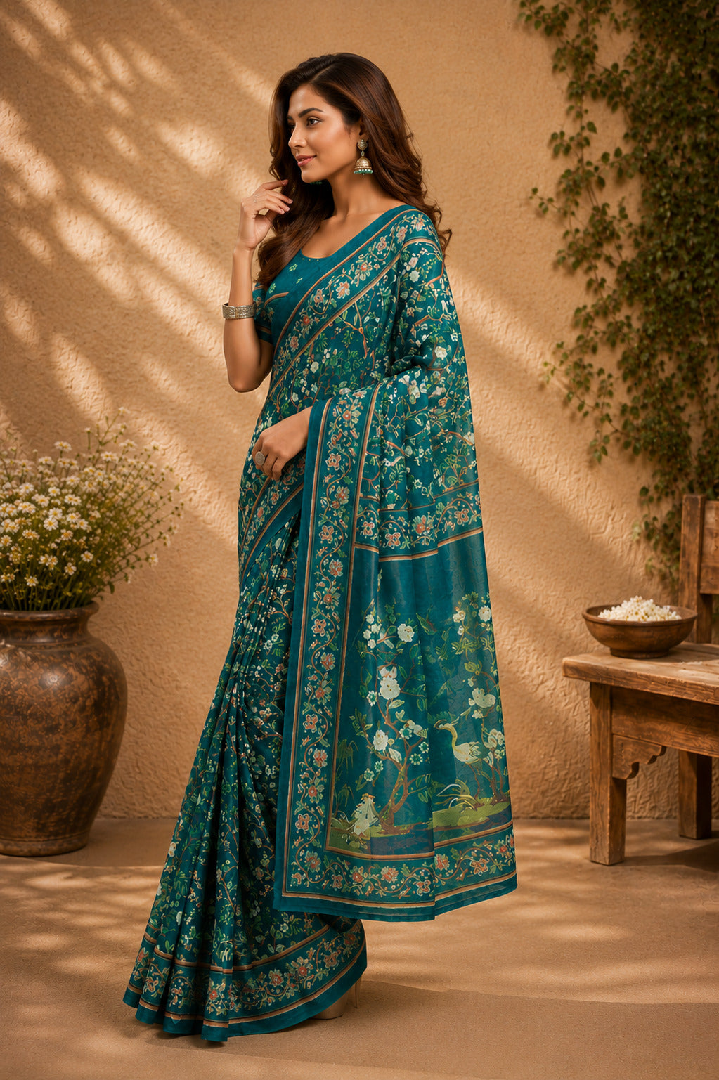 Dwija Fashion Teal Blue Party Wear Printed Linen Ready To Wear Saree With Unstitched Blouse | Grocsy