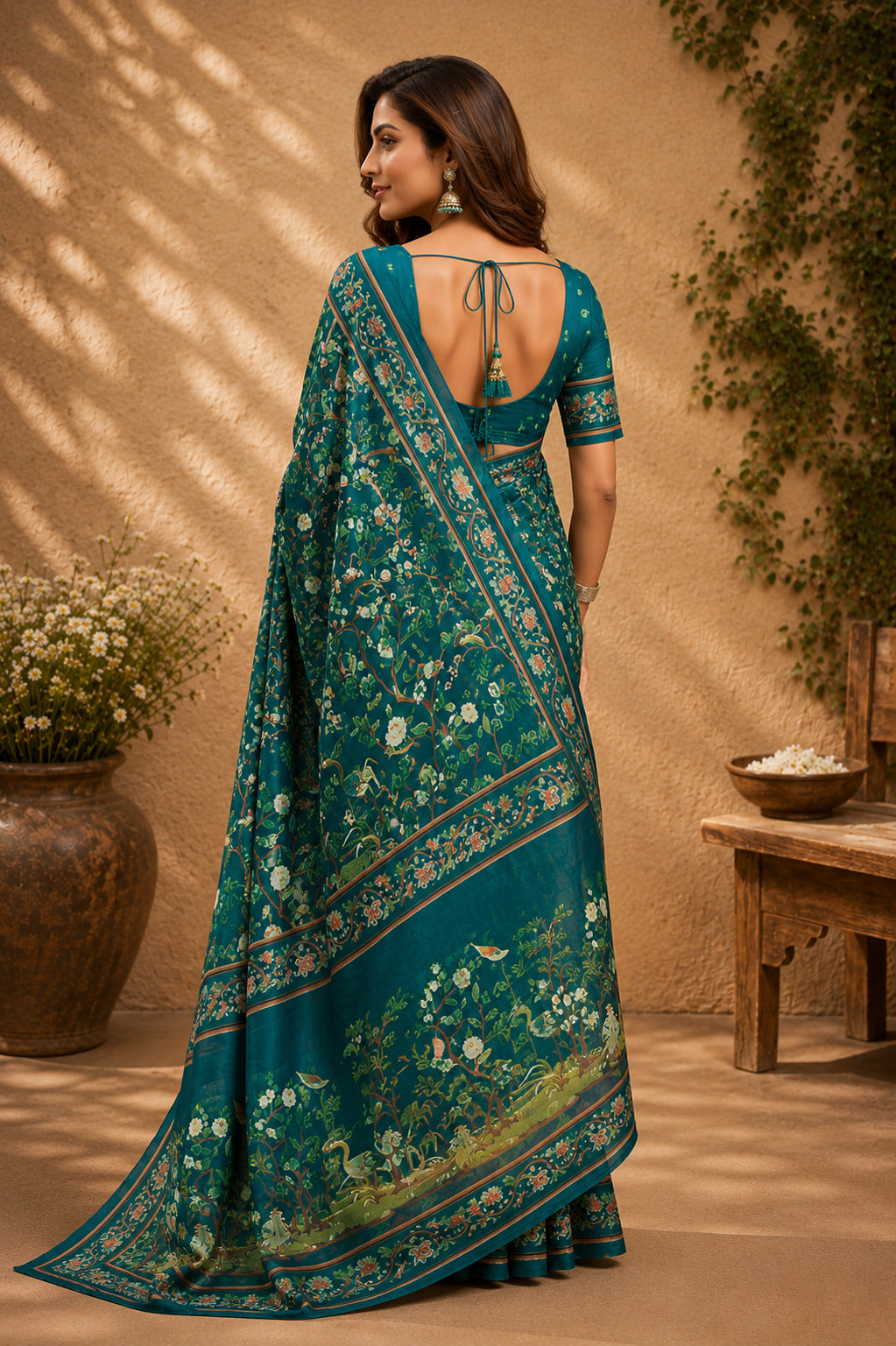 Dwija Fashion Teal Blue Party Wear Printed Linen Ready To Wear Saree With Unstitched Blouse | Grocsy