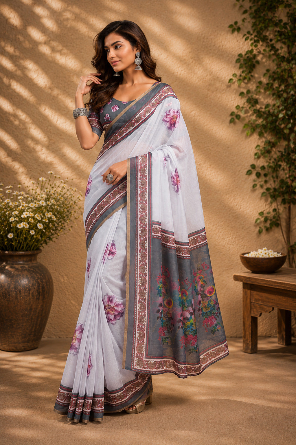 Dwija Fashion Lavender Party Wear Printed Linen Ready To Wear Saree With Unstitched Blouse | Grocsy