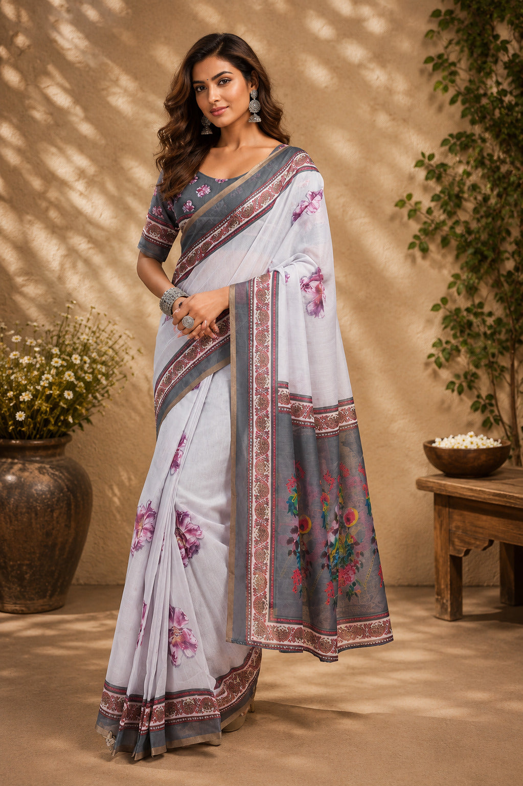 Dwija Fashion Lavender Party Wear Printed Linen Ready To Wear Saree With Unstitched Blouse | Grocsy