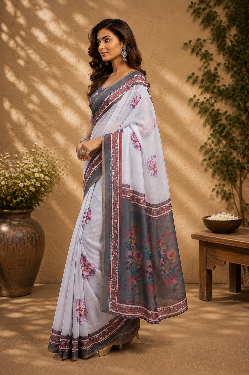 Dwija Fashion Lavender Party Wear Printed Linen Ready To Wear Saree With Unstitched Blouse | Grocsy