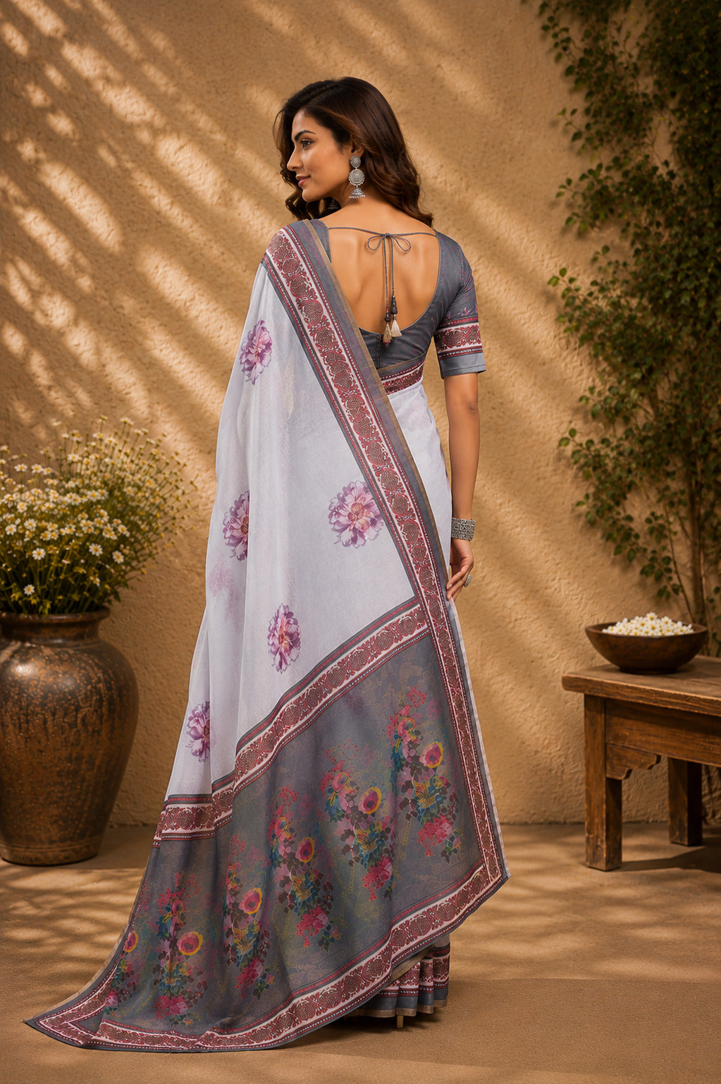 Dwija Fashion Lavender Party Wear Printed Linen Ready To Wear Saree With Unstitched Blouse | Grocsy