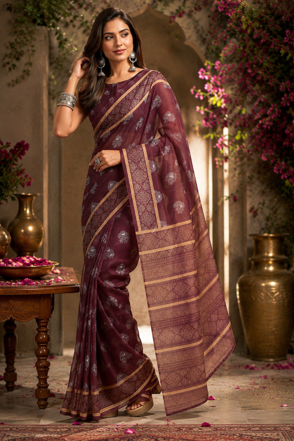 Dwija Fashion Dark Wine Party Wear Printed Linen Ready To Wear Saree With Unstitched Blouse | Grocsy