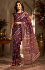 Dwija Fashion Dark Wine Party Wear Printed Linen Ready To Wear Saree With Unstitched Blouse | Grocsy