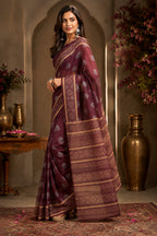 Dwija Fashion Dark Wine Party Wear Printed Linen Ready To Wear Saree With Unstitched Blouse | Grocsy