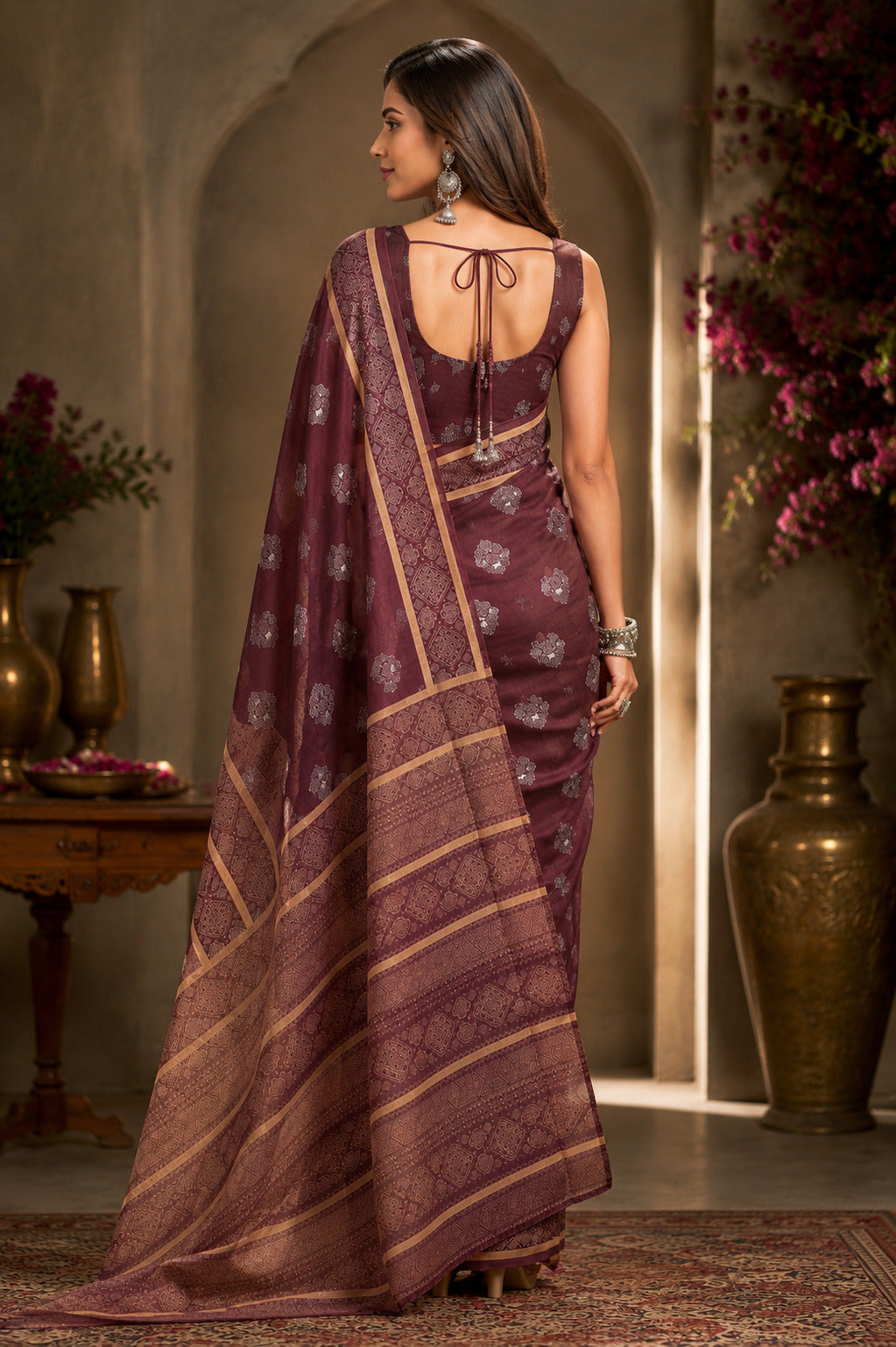 Dwija Fashion Dark Wine Party Wear Printed Linen Ready To Wear Saree With Unstitched Blouse | Grocsy