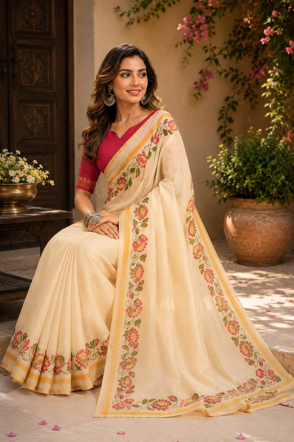 Dwija Fashion Off - White Party Wear Printed Linen Ready To Wear Saree With Unstitched Blouse | Grocsy