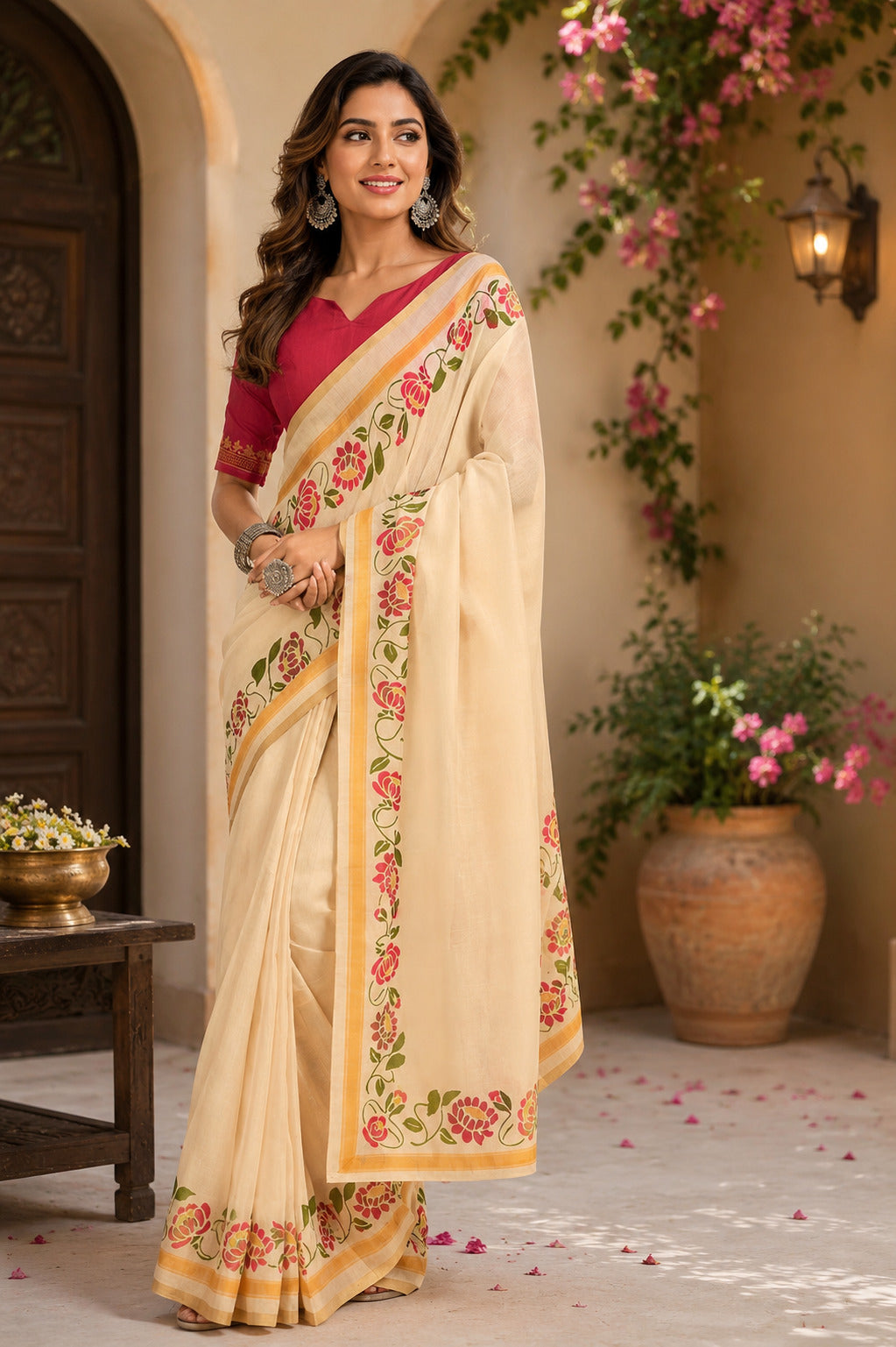 Dwija Fashion Off - White Party Wear Printed Linen Ready To Wear Saree With Unstitched Blouse | Grocsy