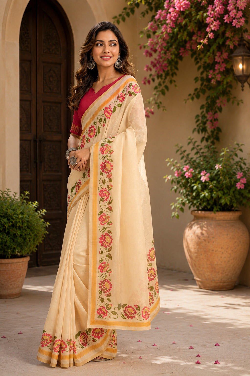 Dwija Fashion Off - White Party Wear Printed Linen Ready To Wear Saree With Unstitched Blouse | Grocsy