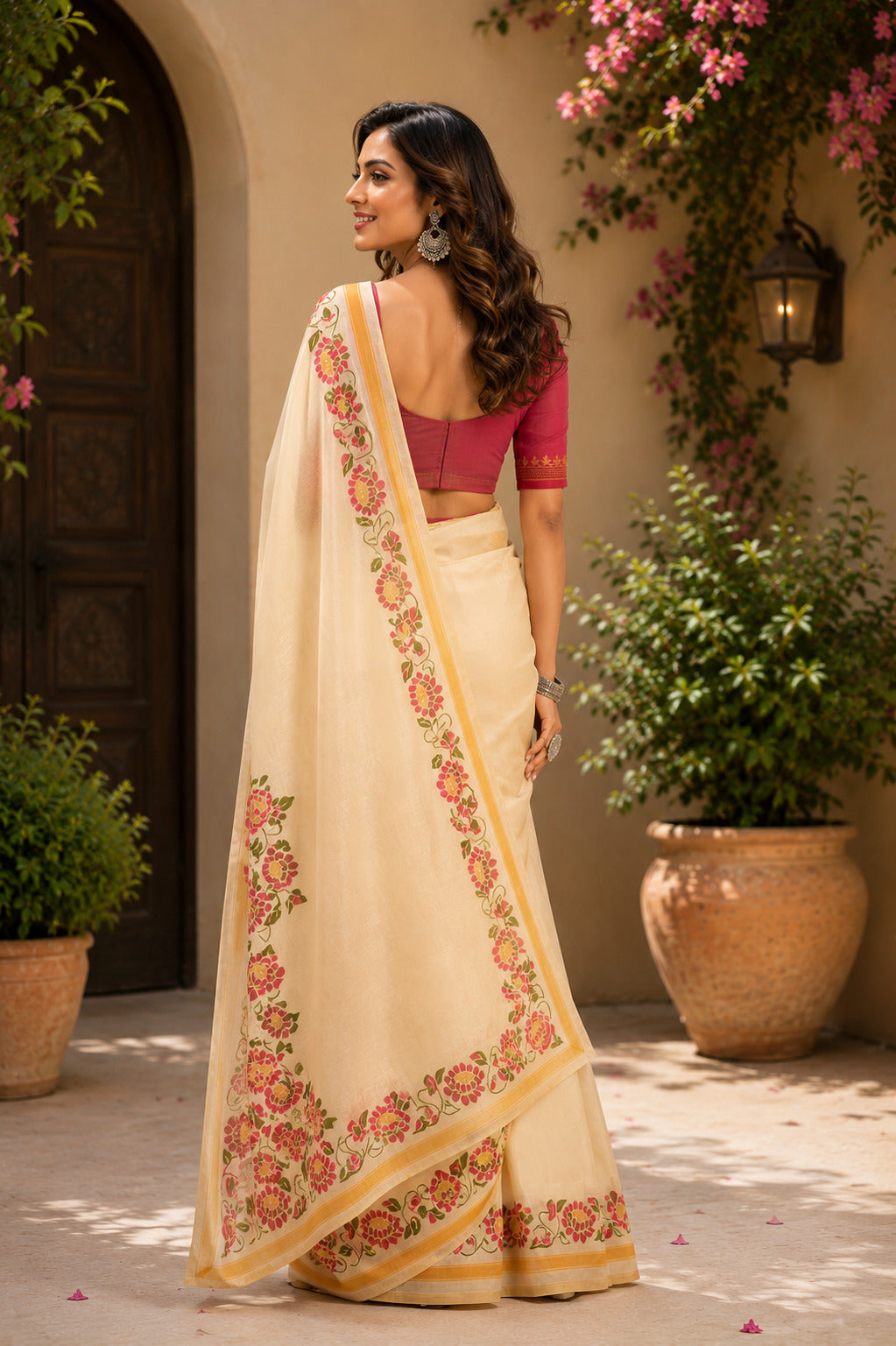 Dwija Fashion Off - White Party Wear Printed Linen Ready To Wear Saree With Unstitched Blouse | Grocsy