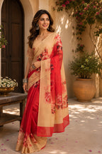 Dwija Fashion Red Party Wear Printed Linen Ready To Wear Saree With Unstitched Blouse | Grocsy