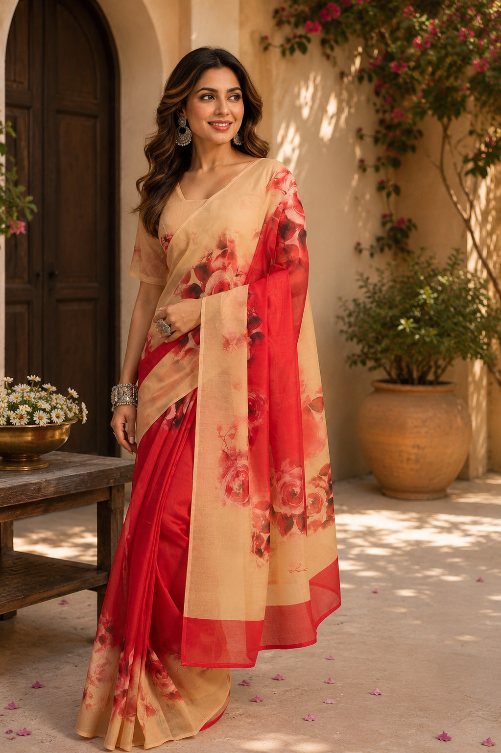 Dwija Fashion Red Party Wear Printed Linen Ready To Wear Saree With Unstitched Blouse | Grocsy