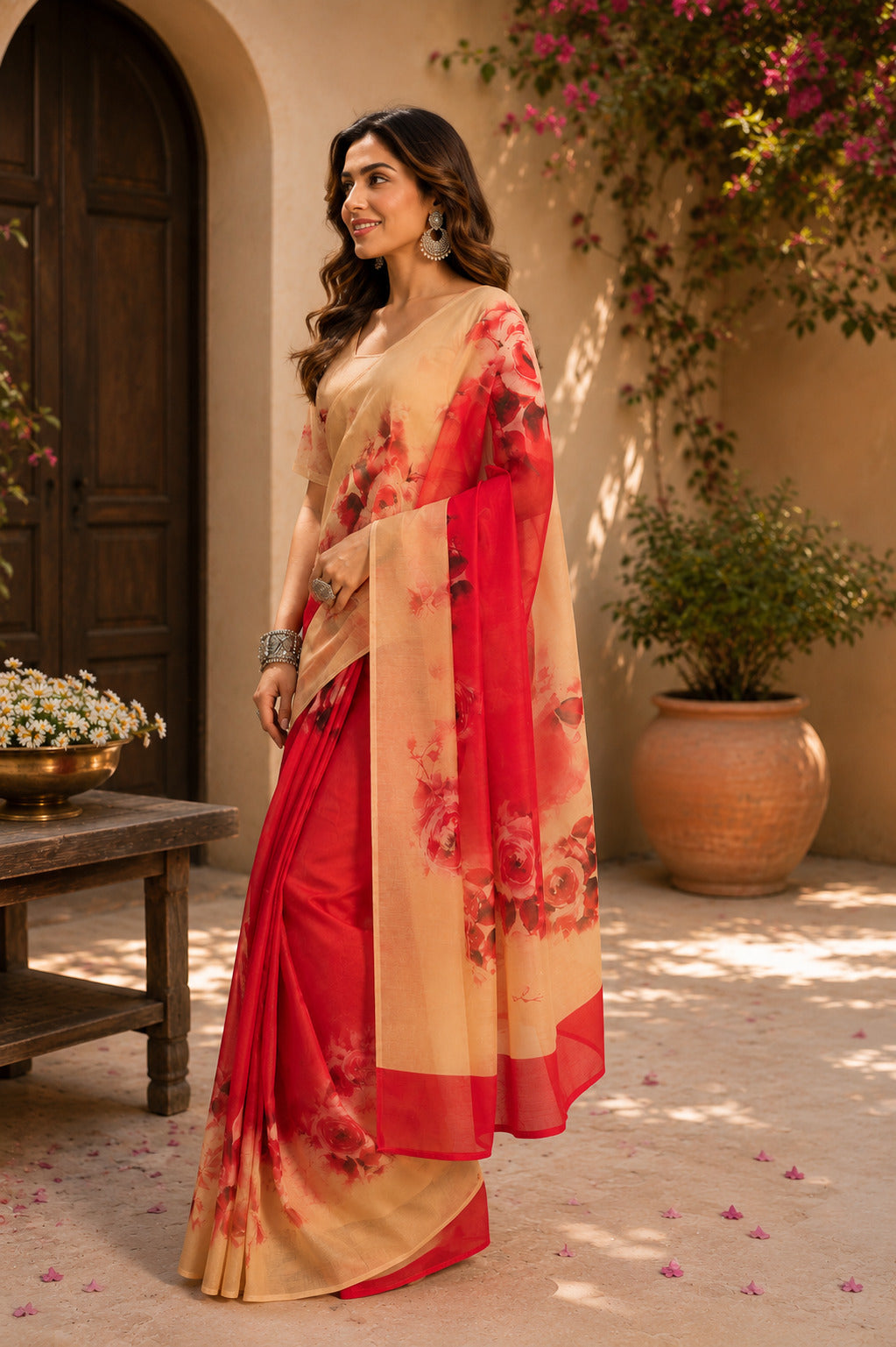 Dwija Fashion Red Party Wear Printed Linen Ready To Wear Saree With Unstitched Blouse | Grocsy