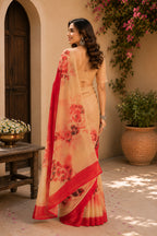 Dwija Fashion Red Party Wear Printed Linen Ready To Wear Saree With Unstitched Blouse | Grocsy