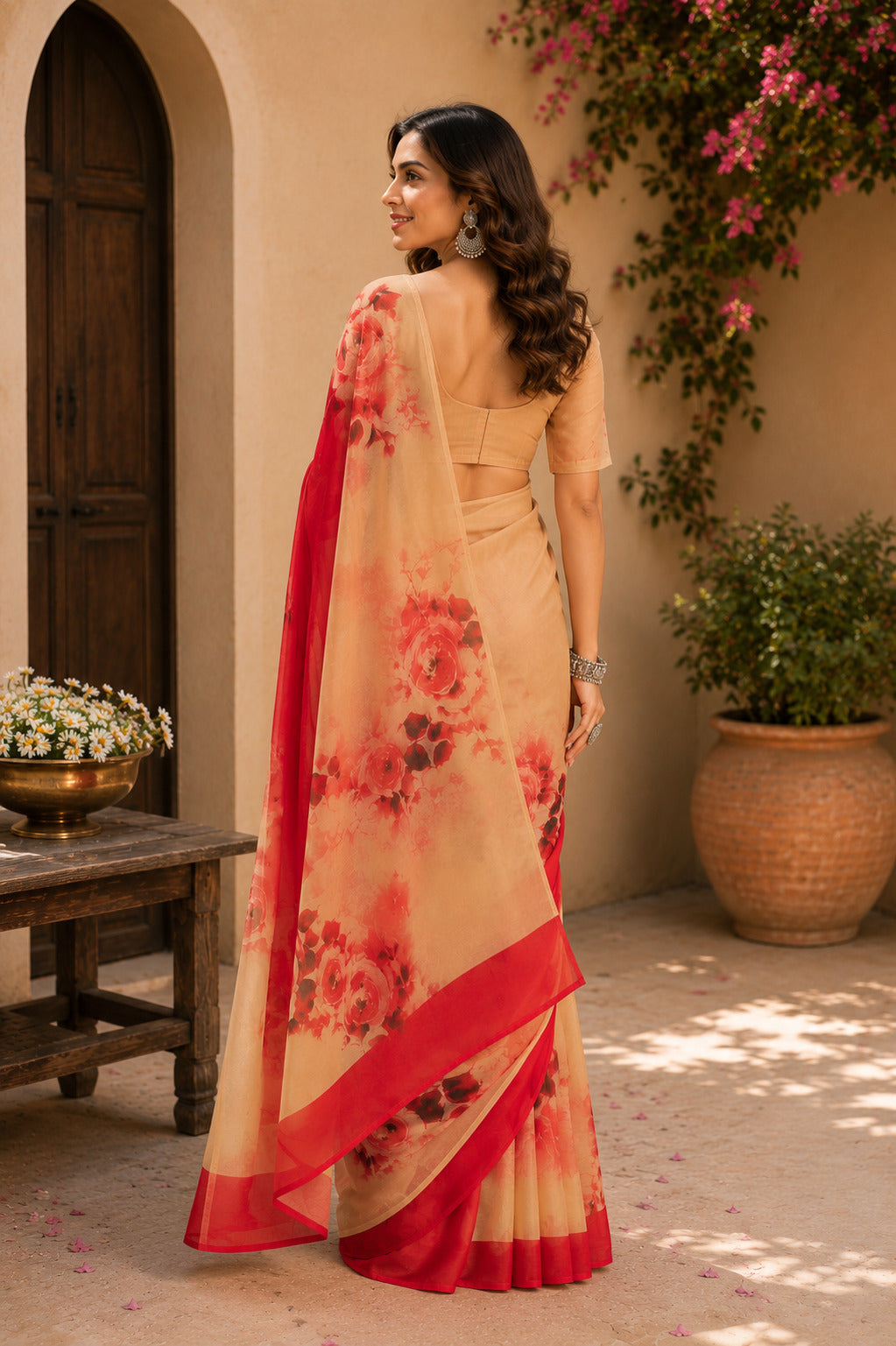 Dwija Fashion Red Party Wear Printed Linen Ready To Wear Saree With Unstitched Blouse | Grocsy