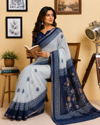 Dwija Fashion White Party Wear Printed Linen Ready To Wear Saree With Unstitched Blouse | Grocsy