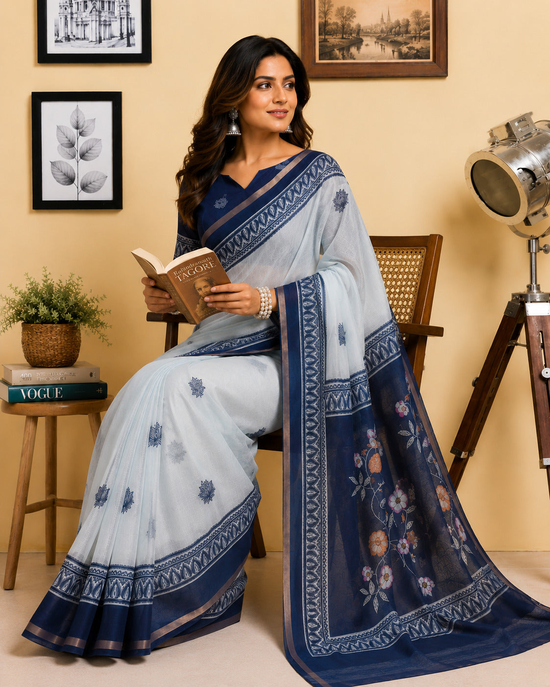 Dwija Fashion White Party Wear Printed Linen Ready To Wear Saree With Unstitched Blouse | Grocsy