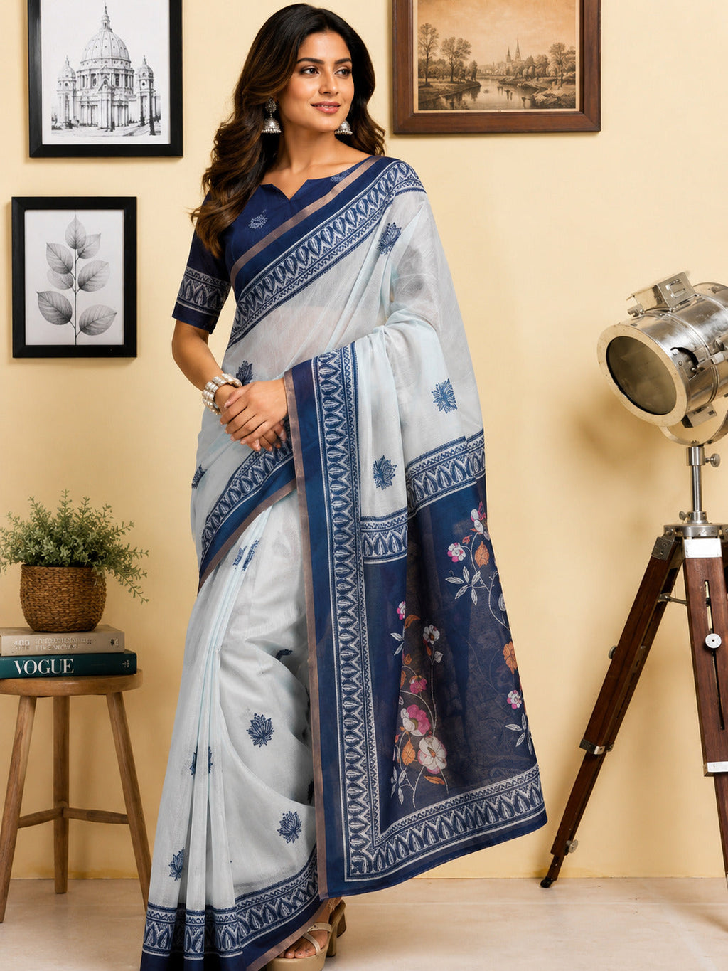 Dwija Fashion White Party Wear Printed Linen Ready To Wear Saree With Unstitched Blouse | Grocsy